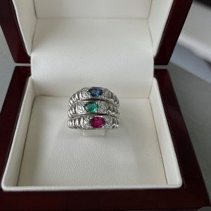 PEPI  14k White Gold Trio with Diamonds Ruby Sapphire and Emerald ring set